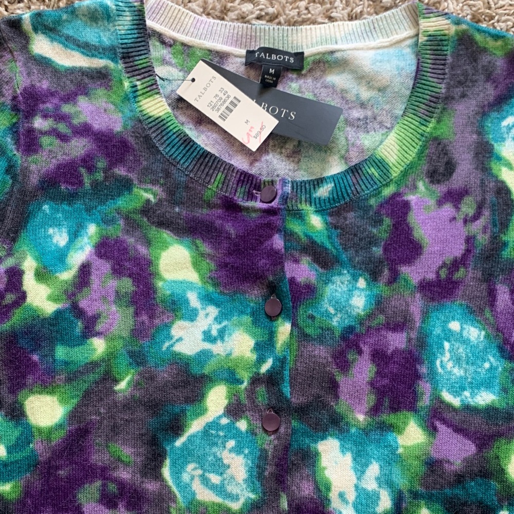 NWT Talbots Purple, Blue & Green Abstract Floral Crewneck Button Cardigan Medium - Picture 4 of 10